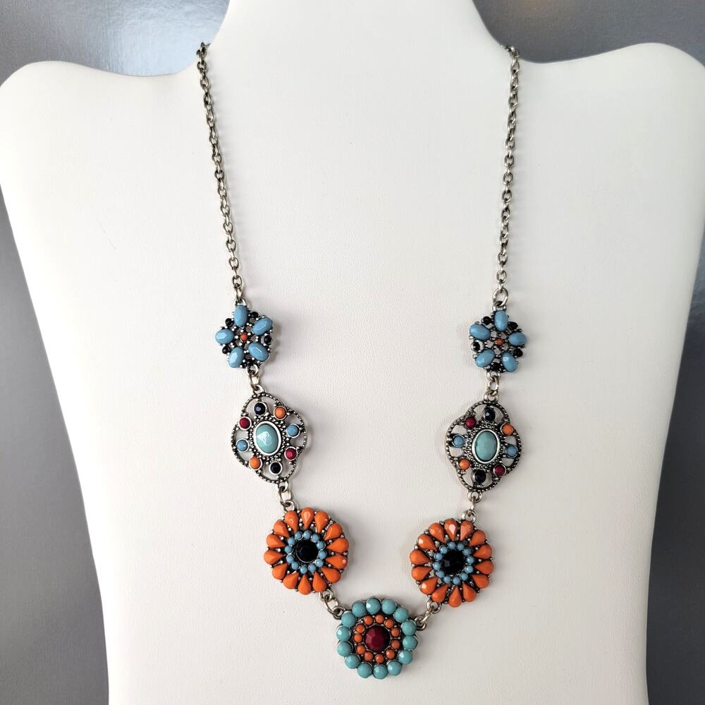 Vintage Floral Boho Necklace Orange Blue Beaded Statement Pendant 19" Adjustable